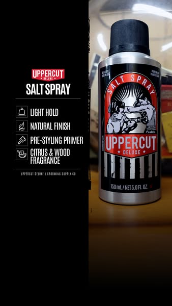 This ad for Uppercut Deluxe Salt Spray presents the product's features and benefits on a black background next to an