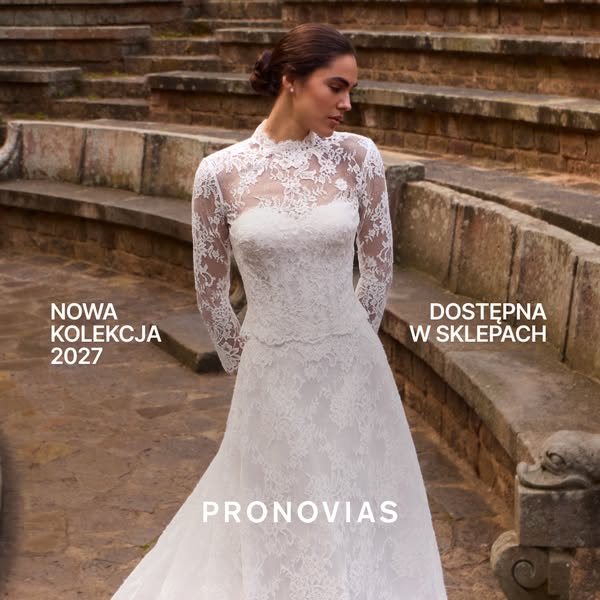 This ad showcases Pronovias' new collection of wedding dresses, emphasizing their availability in stores.