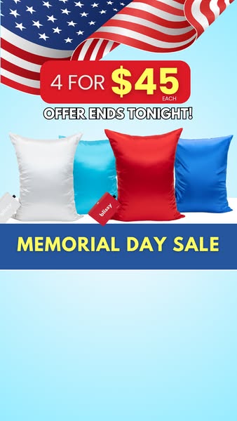 The ad promotes a Memorial Day sale for Blissy silk pillowcases. It features an offer of 4 pillowcases for $45 each, wit
