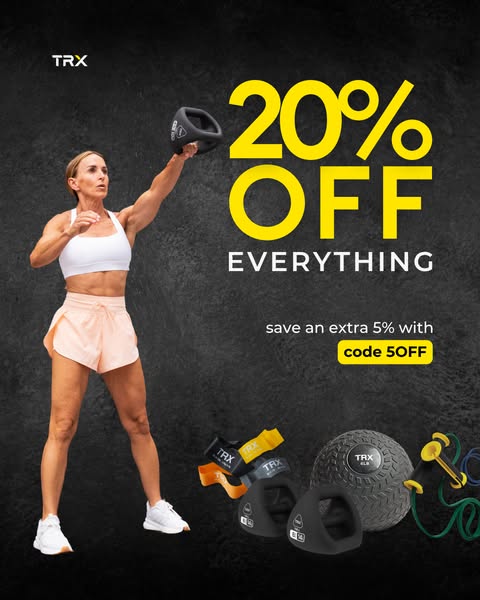 This image ad promotes TRX fitness equipment with a discount. It features a woman holding a kettlebell, along with vario