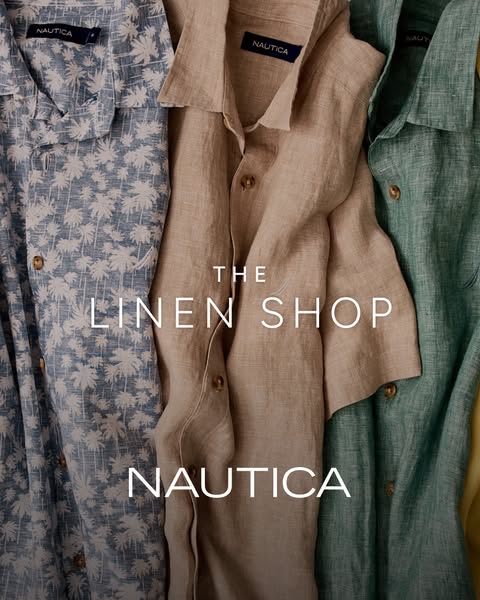 This ad showcases a selection of linen shirts from Nautica, emphasizing their availability in 'The Linen Shop'. 