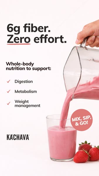 This ad promotes Kachava, a nutrition shake that provides 6g of fiber with zero effort. It supports digestion, metabolis