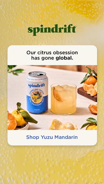 This image ad promotes Spindrift's Yuzu Mandarin sparkling water. The ad highlights the brand's citrus obsession