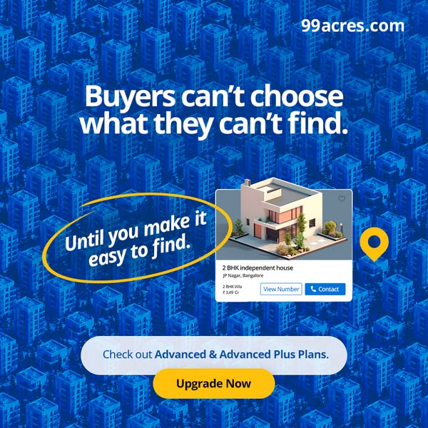 This ad promotes 99acres.com as a solution for real estate buyers struggling to find suitable properties. It uses a visu