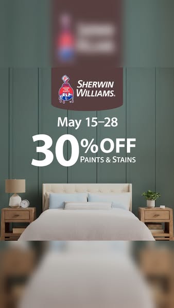 The ad promotes a sale on Sherwin-Williams paints and stains. It features a bedroom with a wall painted in a muted green