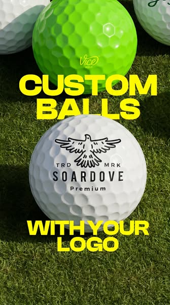 This ad showcases Vice golf balls and promotes the ability to customize them with a personal logo.