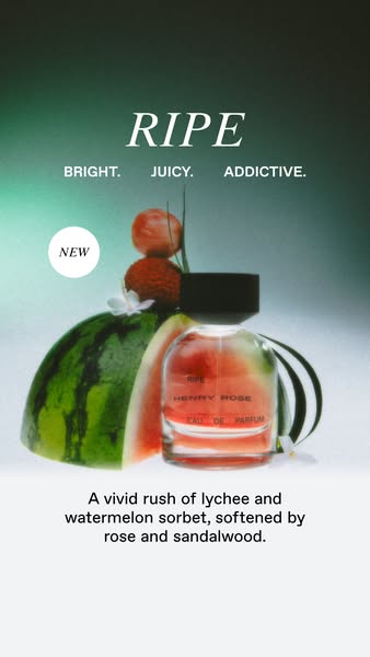 This ad for Henry Rose perfume features a new scent, Ripe. It uses a still life of fresh fruit including watermelon, lyc