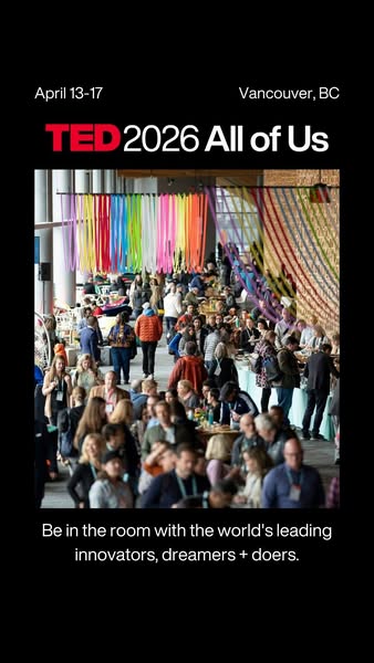 This image ad is for the TED 2026 All of Us event in Vancouver, BC. The ad features a photo of a large group of people g