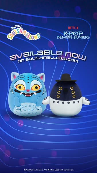 This image ad promotes the Squishmallows brand and its collaboration with the Netflix series K-Pop Demon Hunters. It fea