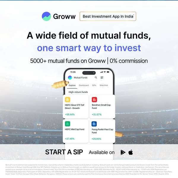 This ad showcases the Groww app as an easy way to invest in mutual funds. It highlights the app's user-friendly inte