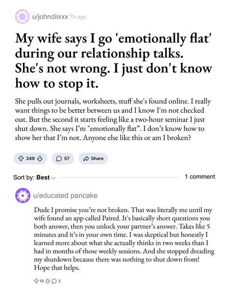This ad features a screen capture of a Reddit post and its top comment thread, where a user shares marital struggles and