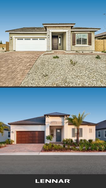 The ad compares two different styles of homes available through Lennar. Each home is displayed in a separate, cropped vi