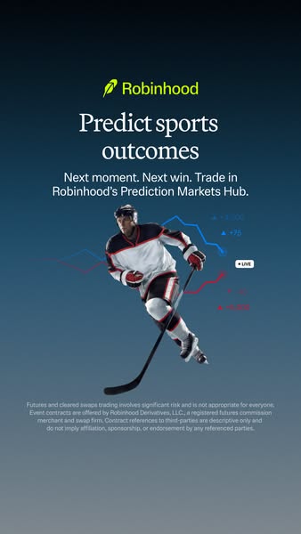 The ad promotes Robinhood's Prediction Markets Hub, encouraging users to predict sports outcomes and trade in real t