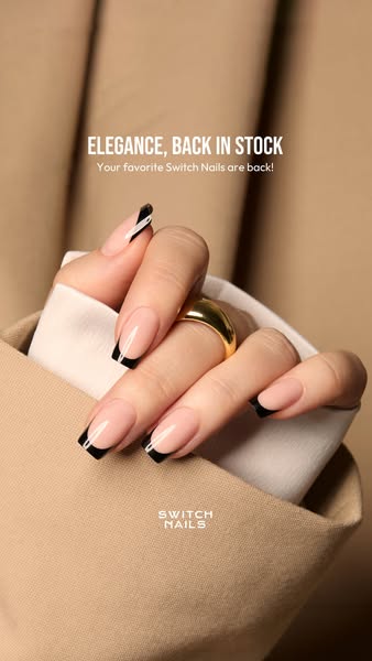 This ad for Switch Nails promotes the return of their Elegance style. The image features a hand with the Switch Nails ap