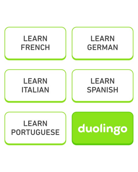 This ad promotes Duolingo as a way to learn different languages. The ad features six rounded-corner rectangles, each wit