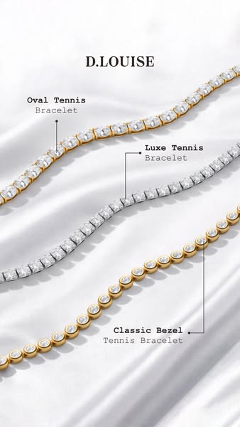 This ad features three different tennis bracelet styles from D.Louise, showcasing their design variations. The visual pr