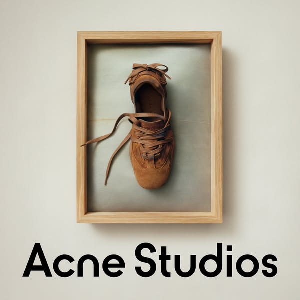 This ad features a close up of a suede sneaker in a wooden frame with the Acne Studios logo in the bottom center.