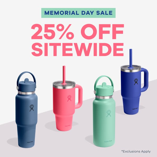 This image ad promotes Hydro Flask drinkware and advertises a Memorial Day sale.