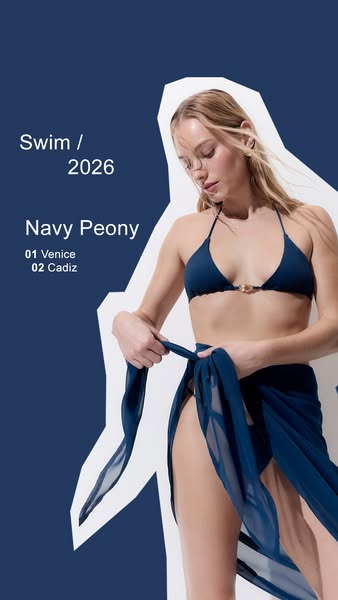 This image ad is for the brand 2026 and highlights their Navy Peony Swim line. The image shows a woman in a blue bathing