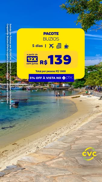 The ad promotes a vacation package to Buzios, Brazil that includes airfare, lodging, and breakfast. The yellow graphic d