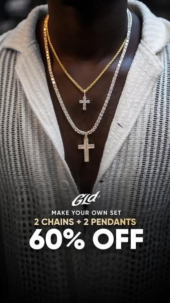 This ad showcases GLD jewelry, specifically chains and pendants, and promotes a limited-time offer of 60% off when purch