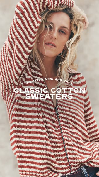 This ad showcases a woman in a vertically-oriented image wearing a red and white striped zip up sweater, with white text