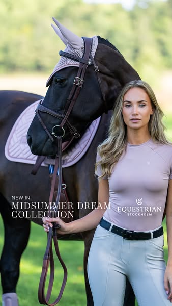 This image ad features a woman and a horse that are wearing apparel and accessories from the Equestrian Stockholm 'M