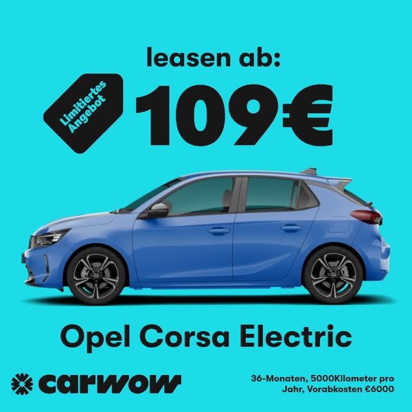 This is a minimalist ad for the Opel Corsa Electric car, advertising a leasing offer. The ad presents a blue Opel Corsa 