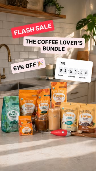This image promotes a flash sale on the Coffee Lover's Bundle by Four Sigmatic. It features various coffee products 