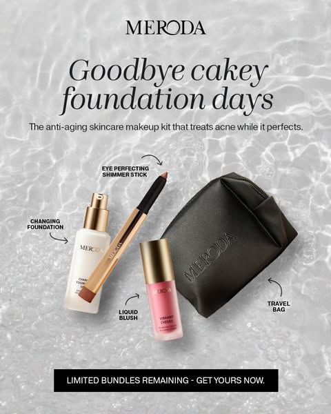 This ad showcases a makeup kit from Meroda that is designed to treat acne and provide a perfect, non-cakey foundation fi