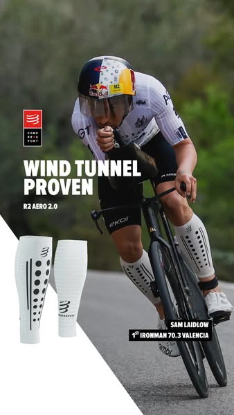 This ad features Sam Laidlow wearing Compressport leg sleeves. The ad highlights Laidlow's Ironman win while wearing