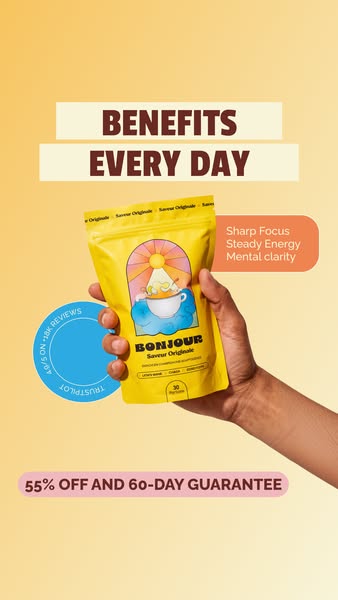 This ad features a hand holding a yellow bag of Bonjour Saveur Originale. The ad promotes the product's benefits, in