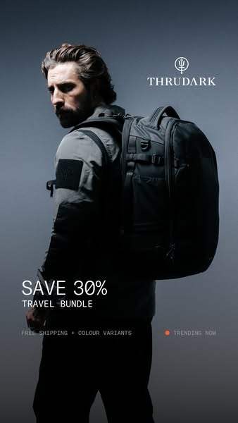 This image ad showcases a travel bundle product by Thrudark, offering a 30% discount. A man is shown wearing a backpack 