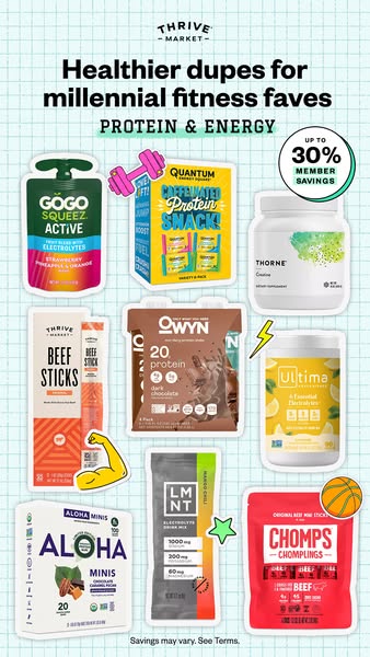 This ad promotes Thrive Market and healthier alternatives to popular fitness snacks targeting millennials by showcasing 