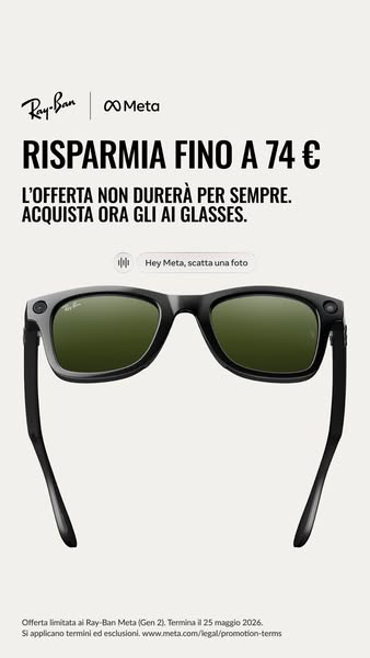 This image ad for Ray-Ban Meta smart glasses highlights a limited-time offer of up to 74€ savings, urging customers to p
