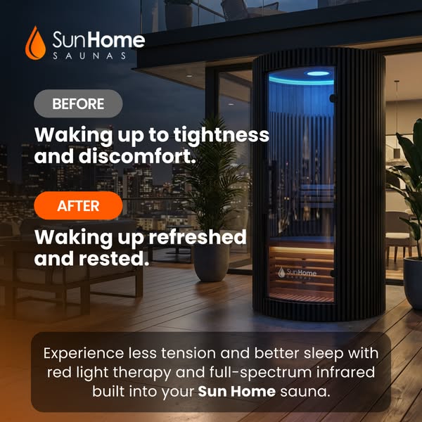 This image ad features a Sun Home sauna and promotes its benefits of relieving tension and improving sleep. The ad uses 