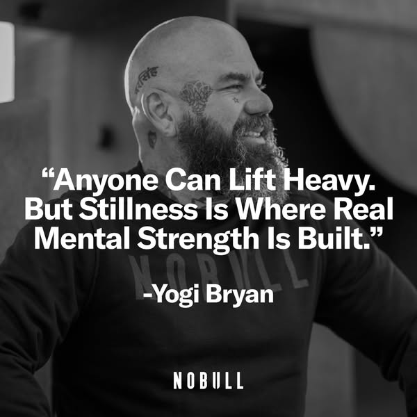 This ad features a black and white image of Yogi Bryan wearing a NOBULL sweatshirt, with a quote from him about mental s