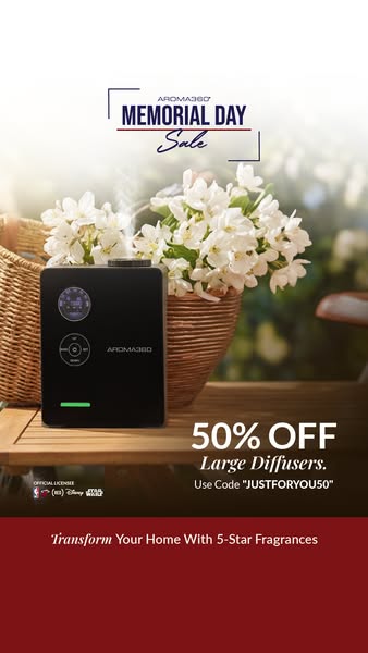 This ad promotes Aroma360's large diffusers with a 50% off Memorial Day sale. It features a diffuser on a table next