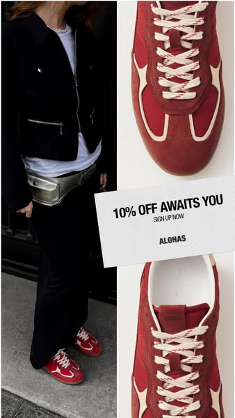 This image ad promotes ALOHAS shoes, specifically a red sneaker with cream-colored accents. The ad features a woman wear