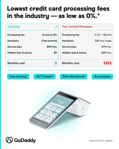 This ad promotes GoDaddy's credit card processing services by comparing them to a competitor. It highlights GoDaddy&