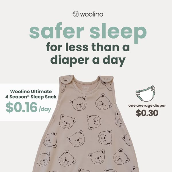 This ad promotes the Woolino Ultimate 4 Season Sleep Sack as a safer and more cost-effective alternative to using diaper
