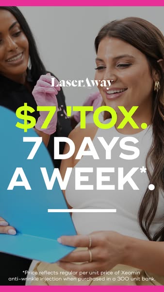 This image ad promotes LaserAway's Xeomin anti-wrinkle injections for $7 per unit, available 7 days a week when purc