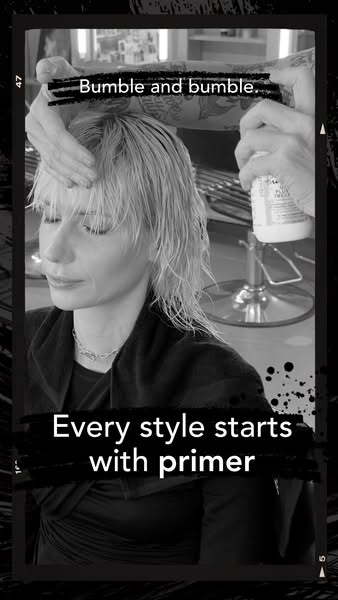 This ad shows a woman in a salon getting her hair primed with Bumble and bumble. primer before styling. The image ad fea