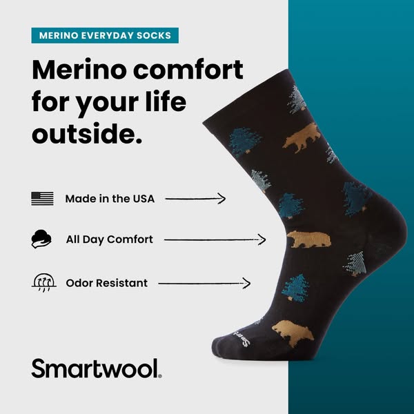 This ad for Smartwool merino wool socks features a single sock against a split light grey and teal background, with text