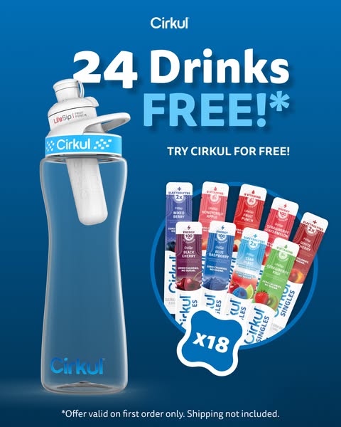 The ad promotes Cirkul, offering 24 free drinks with the purchase of a Cirkul bottle. It features a clear Cirkul bottle 