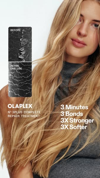 This ad for Olaplex No. 3 Plus Complete Repair Treatment uses a before-and-after visual of hair damage to showcase how t