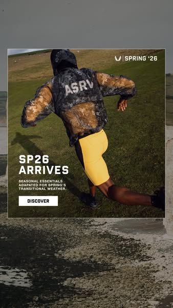 This ad announces ASRV's spring '26 line of seasonal workout essentials. The ad features a person running across