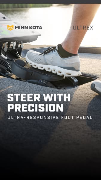 This ad for Minn Kota's Ultrex trolling motor emphasizes the product's precision steering capabilities. The imag