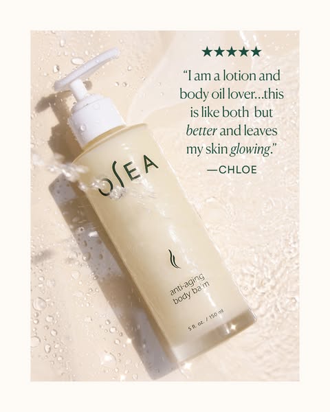 This image ad features a bottle of OSEA Anti-aging Body Balm alongside a quote from a customer named Chloe, who says tha