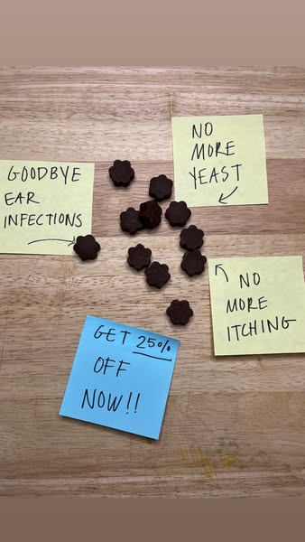 Image ad for a pet product that helps eliminate ear infections, yeast, and itching, and provides a discount.